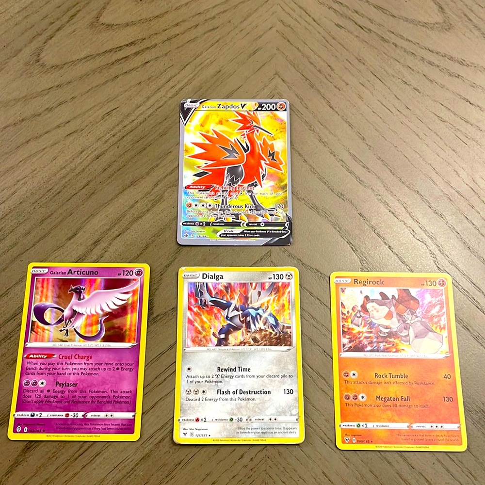 Pokemon cards. Galarian-ZapdosV, Galarian Articuno, Dialga,Regirock
